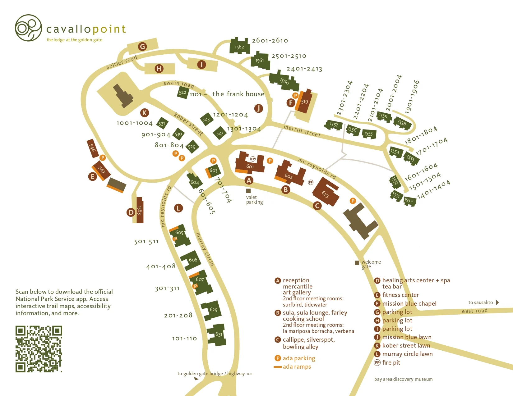 Cavallo Point property map showing guest rooms, reception, meeting rooms, fitness center, Mission Blue Chapel, lawns and parking.